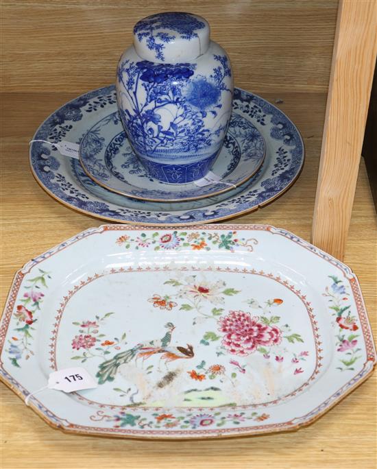 A Chinese famille rose meat platter and four items of blue and white,